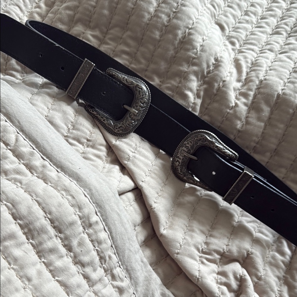 Black Double Buckle Belt with Silver Accents